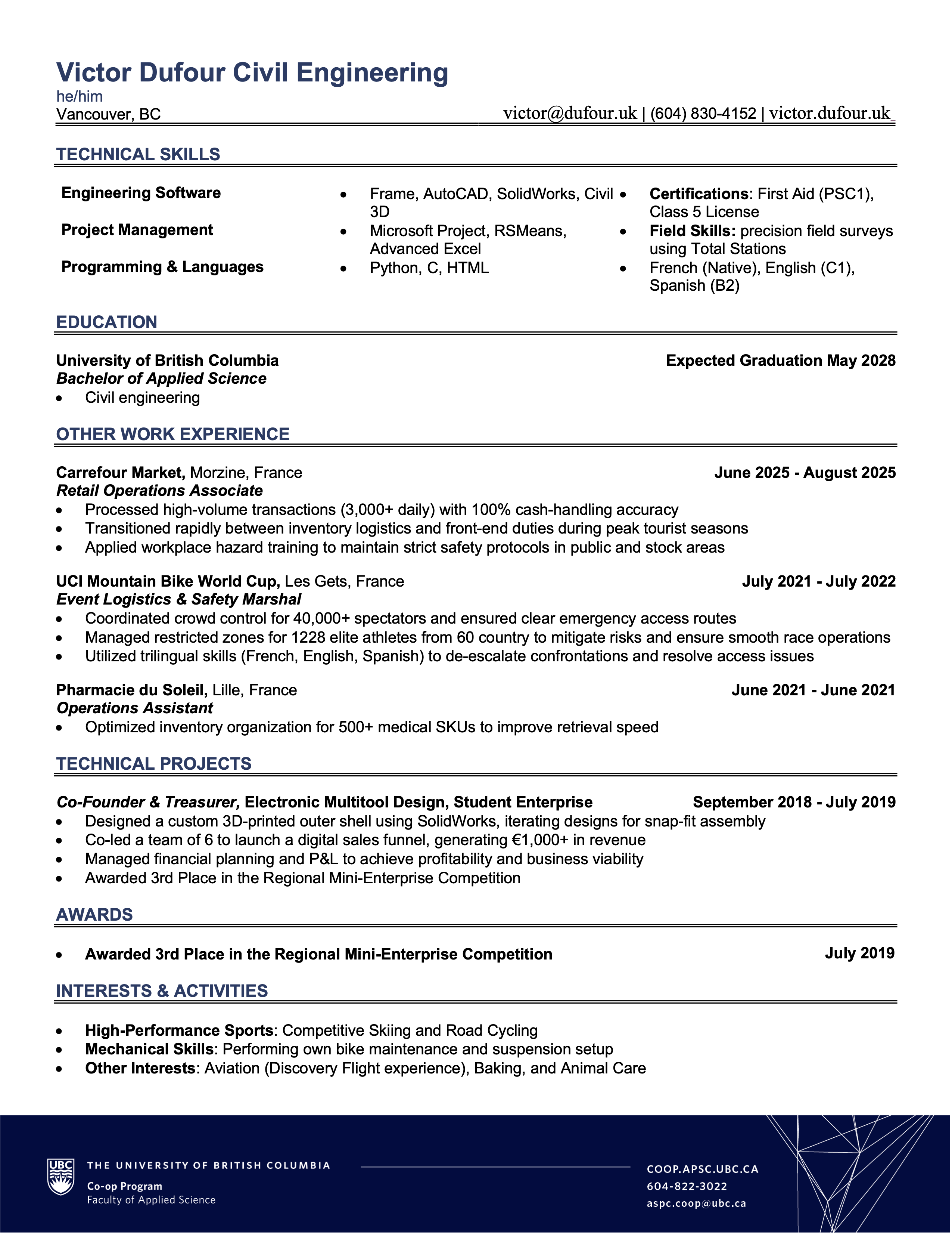 Victor Dufour Civil Engineering Resume